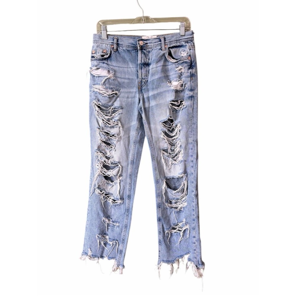 We The Free People Super Distressed Light Wash Jeans Raw Hem Sz 26